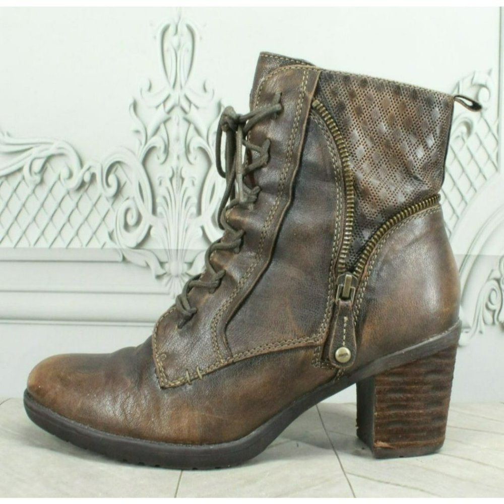 Earth Missoula Brown Leather Lace Up Side Zip Ankle Heeled Booties 8.5 B - Picture 1 of 9